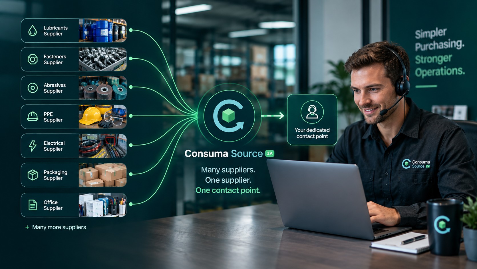 Lubricants, fasteners, abrasives, PPE, electrical, packaging and office suppliers all flow into Consuma Source, which gives you one dedicated contact point. Many suppliers. One supplier. One contact point.