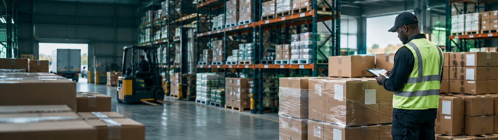 Warehouse with forklift and stacked orders