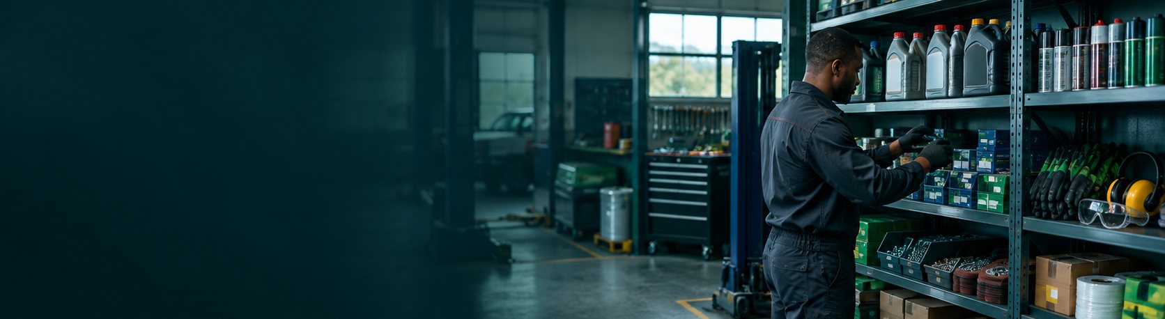Workshop technician stocking shelves of oils, PPE and fasteners